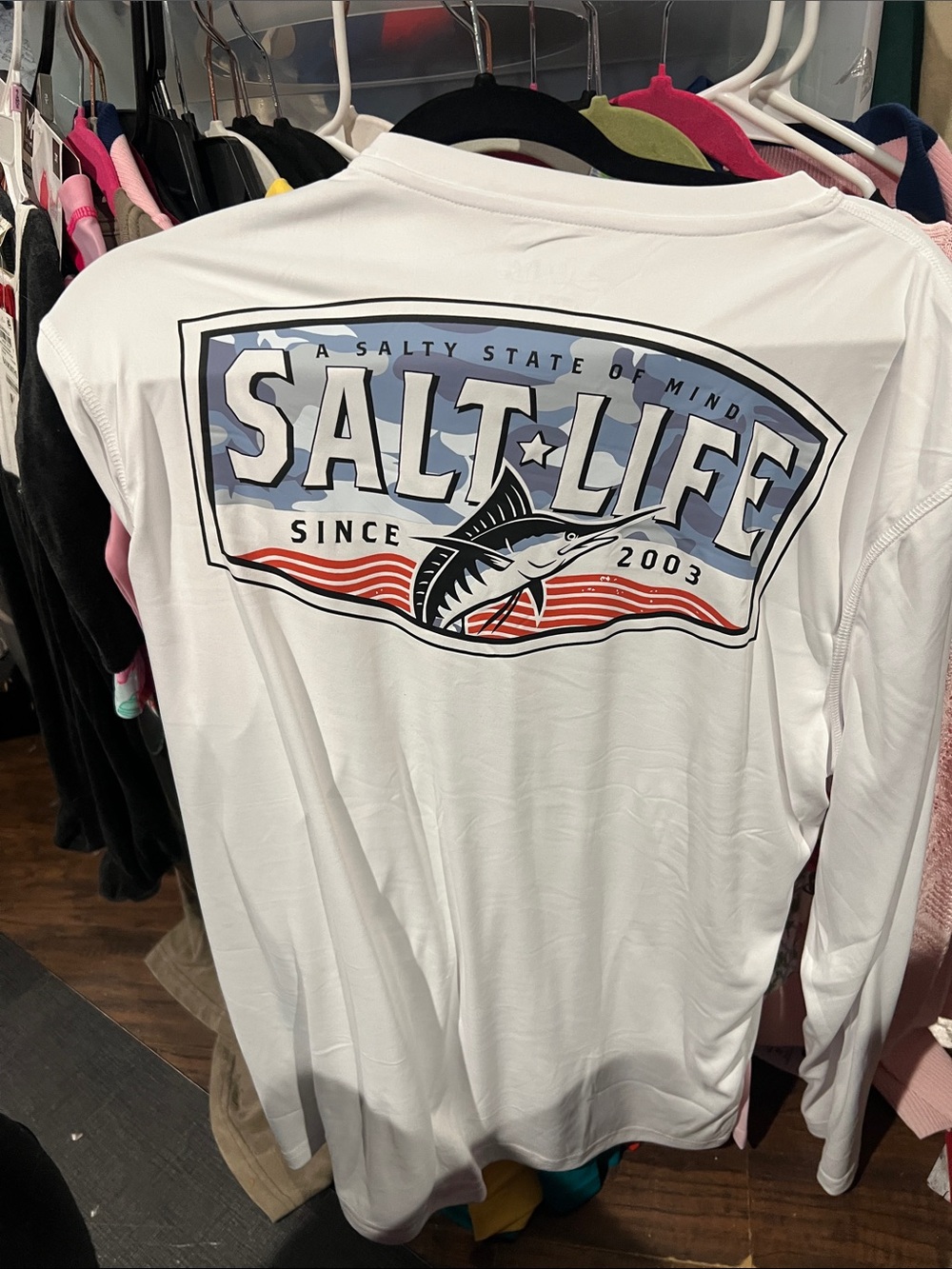 Salt Life White Long Sleeve Tee with Blue Camo & Red Wave Graphic